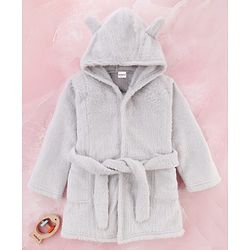 Babyhug Velour Knit Full Sleeves Hooded Bath Robe - Grey