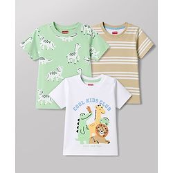 Babyhug 100% Cotton Knit Half Sleeves Striped & Animal Printed T-Shirts Pack Of 3 -Light Green & White