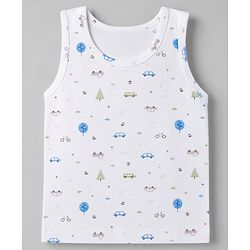 Babyhug 100% Cotton Single Jersey Knit Sleeveless Sandos with Stripes & Car Print Pack of 3 - White Tan & Blue