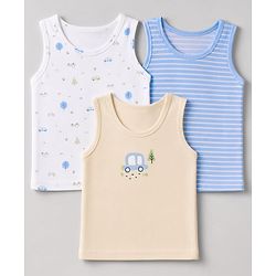 Babyhug 100% Cotton Single Jersey Knit Sleeveless Sandos with Stripes & Car Print Pack of 3 - White Tan & Blue