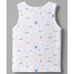 Babyhug 100% Cotton Single Jersey Knit Sleeveless Sandos with Stripes & Car Print Pack of 3 - White Tan & Blue