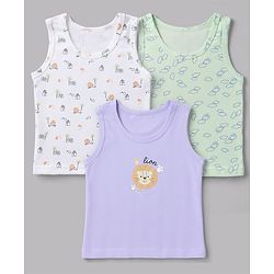 Babyhug 100% Cotton Single Jersey Knit Sleeveless Sando With Lion Print Pack of 3 - White Lavender & Light Green