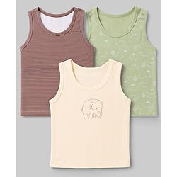 Babyhug 100% Cotton Single Jersey Knit Sleeveless Striped Sandos With Elephant Print Pack of 3 - Cream & Olive