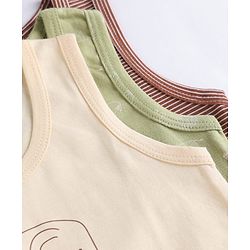 Babyhug 100% Cotton Single Jersey Knit Sleeveless Striped Sandos With Elephant Print Pack of 3 - Cream & Olive