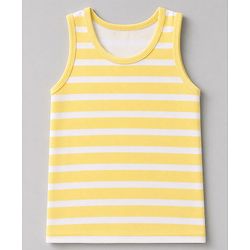 Babyhug 100% Cotton Single Jersey Knit Sleeveless Striped Sando With Teddy Print Pack of 3 - Yellow, White & Sky Blue