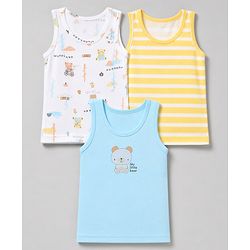 Babyhug 100% Cotton Single Jersey Knit Sleeveless Striped Sando With Teddy Print Pack of 3 - Yellow, White & Sky Blue