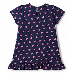 Babyhug 100% Cotton Knit Half Sleeves Hearts & Text Printed Nighty - Navy Blue