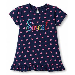 Babyhug 100% Cotton Knit Half Sleeves Hearts & Text Printed Nighty - Navy Blue