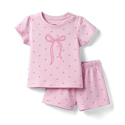 Babyhug 100% Cotton Knit Half Sleeves T-Shirt & Shorts Night Suit With Bow & Heart Print - Light Pink