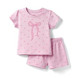 Babyhug 100% Cotton Knit Half Sleeves T-Shirt & Shorts Night Suit With Bow & Heart Print - Light Pink