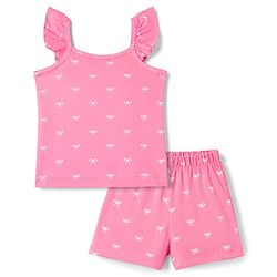 Babyhug Cotton Knit Sleeveless Bow Printed Co-Ords Top & Shorts Night Suit - Pink