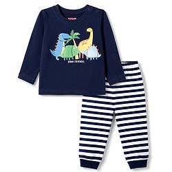 Babyhug Cotton Knit Full Sleeves Dino Printed & Striped Pyjama Night Suit - Navy Blue