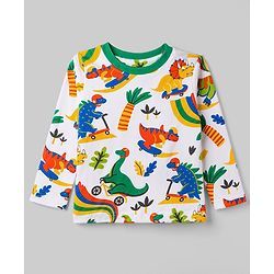 Babyhug 100% Cotton Knit Full Sleeves T-Shirt & Pyjama Co-Ord Night Suit With Dino Print - White
