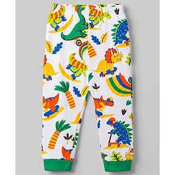 Babyhug 100% Cotton Knit Full Sleeves T-Shirt & Pyjama Co-Ord Night Suit With Dino Print - White