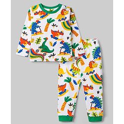 Babyhug 100% Cotton Knit Full Sleeves T-Shirt & Pyjama Co-Ord Night Suit With Dino Print - White