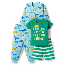 Babyhug 100% Cotton Knit Full Sleeves Co-ords T-Shirt Pyjama & Half Sleeves Short Night Suit Dino Print Pack of 2 - Multicolour
