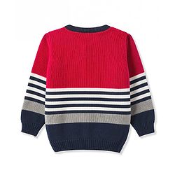 Babyhug Knit Full Sleeves Front Open Striped Sweater - Red