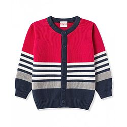 Babyhug Knit Full Sleeves Front Open Striped Sweater - Red