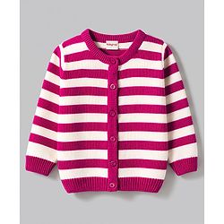 Babyhug Knit Full Sleeves Front Open Striped Sweater - Wine