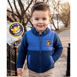 Babyhug Knit Full Sleeves Front Open Padded Sweater With Animal Patch - Blue