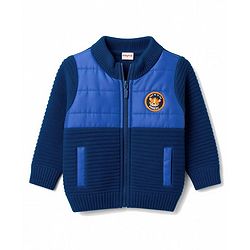 Babyhug Knit Full Sleeves Front Open Padded Sweater With Animal Patch - Blue