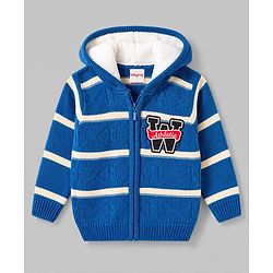 Babyhug Knit Full Sleeves Striped Hooded Sweater with Patch Deatailing - Royal Blue