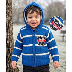 Babyhug Knit Full Sleeves Striped Hooded Sweater with Patch Deatailing - Royal Blue