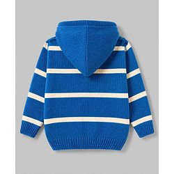 Babyhug Knit Full Sleeves Striped Hooded Sweater with Patch Deatailing - Royal Blue