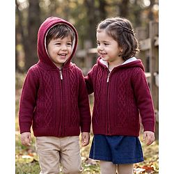 Babyhug Knit Full Sleeves Solid Colour Cable Knit Hooded Sweater - Maroon