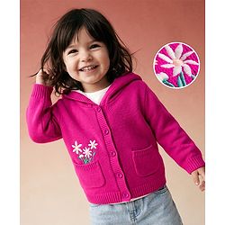 Babyhug Knit Full Sleeves Floral Embroidered Hooded Sweater - Dark Pink