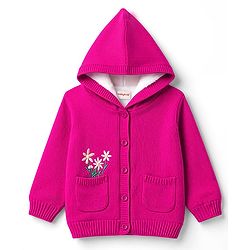 Babyhug Knit Full Sleeves Floral Embroidered Hooded Sweater - Dark Pink