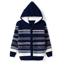 Babyhug Knit Full Sleeves Hooded Sweater with Abstract Design - Navy Blue