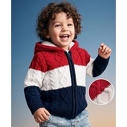 Babyhug Unisex Knit Full Sleeves Hooded Sweater with Cable Knit Design - Red