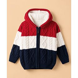 Babyhug Unisex Knit Full Sleeves Hooded Sweater with Cable Knit Design - Red