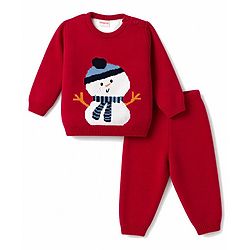 Babyhug Knit Full Sleeves Sweater Set with Snow Man Design - Red