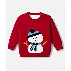 Babyhug Knit Full Sleeves Sweater Set with Snow Man Design - Red