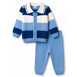 Babyhug Knit Full Sleeves Striped Front Open Sweater Set - Light Blue