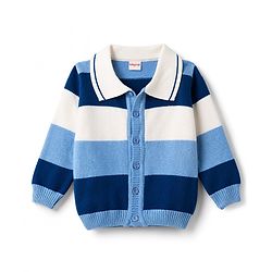 Babyhug Knit Full Sleeves Striped Front Open Sweater Set - Light Blue