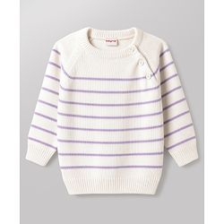 Babyhug Knit Full Raglan Sleeves  Sweater Set with Stripes - White