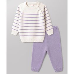 Babyhug Knit Full Raglan Sleeves  Sweater Set with Stripes - White