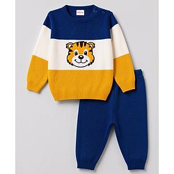 Babyhug Knit Full Sleeves Tiger Embroidered Sweater Set - Navy Blue