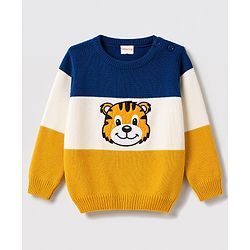 Babyhug Knit Full Sleeves Tiger Embroidered Sweater Set - Navy Blue