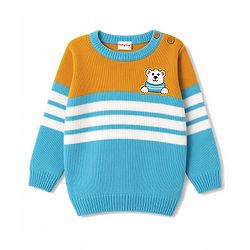 Babyhug Knit Full Sleeves Striped Sweater Set with Bear Design - Light Blue