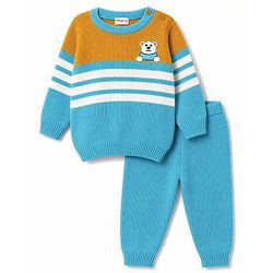 Babyhug Knit Full Sleeves Striped Sweater Set with Bear Design - Light Blue