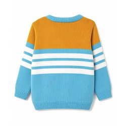 Babyhug Knit Full Sleeves Striped Sweater Set with Bear Design - Light Blue