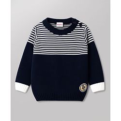 Babyhug Knit Full Sleeves Sweater Set with Stripes - Navy