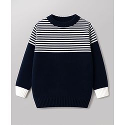 Babyhug Knit Full Sleeves Sweater Set with Stripes - Navy
