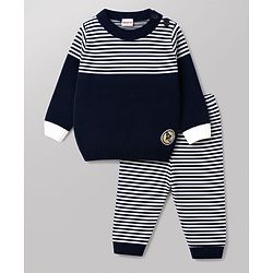 Babyhug Knit Full Sleeves Sweater Set with Stripes - Navy