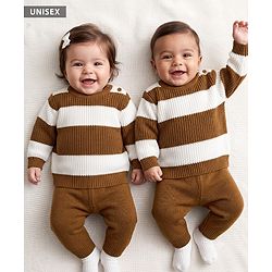 Babyhug Knit Full Sleeves Colour Block Striped Sweater Set - Brown