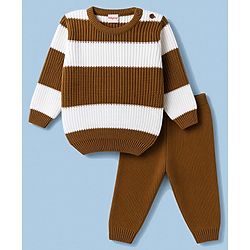 Babyhug Knit Full Sleeves Colour Block Striped Sweater Set - Brown